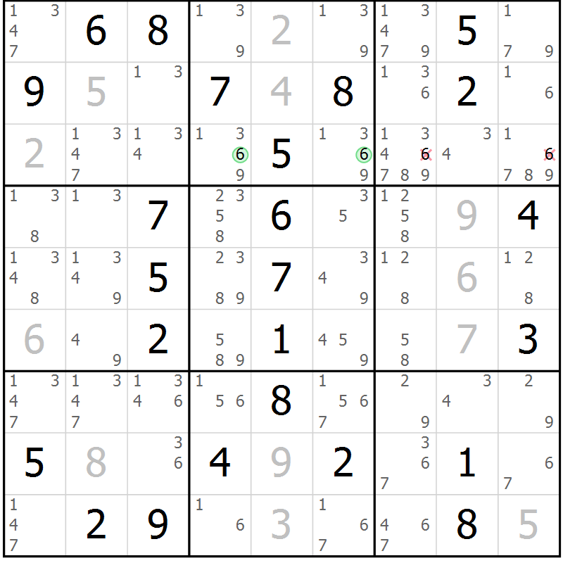 Position des candidats pour la solution de la Gr 56 page 59 du magazine de sudoku Virtuose n° 122