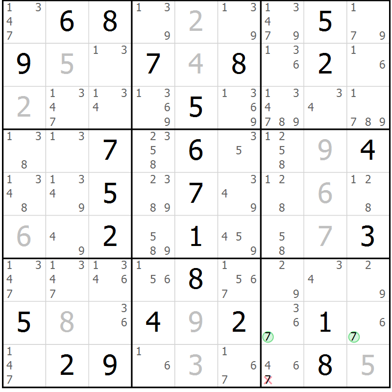 Position des candidats pour la solution de la Gr 56 page 59 du magazine de sudoku Virtuose n° 122