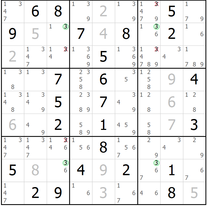 Position des candidats pour la solution de la Gr 56 page 59 du magazine de sudoku Virtuose n° 122