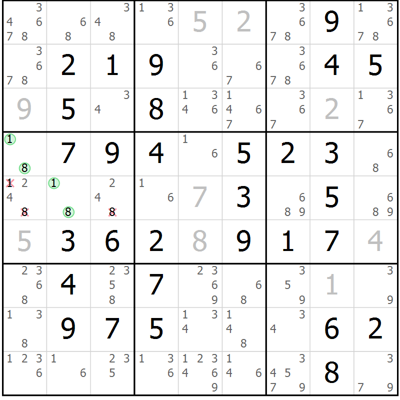 Position des candidats pour la solution de la Gr 57 page 60 du magazine de sudoku Virtuose n° 122