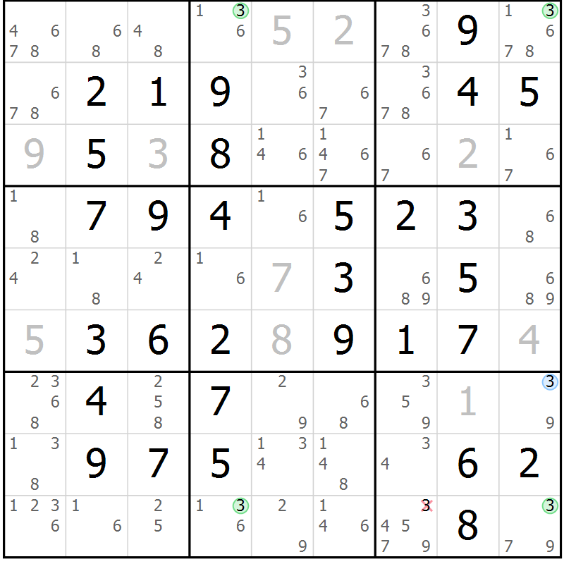 Position des candidats pour la solution de la Gr 57 page 60 du magazine de sudoku Virtuose n° 122