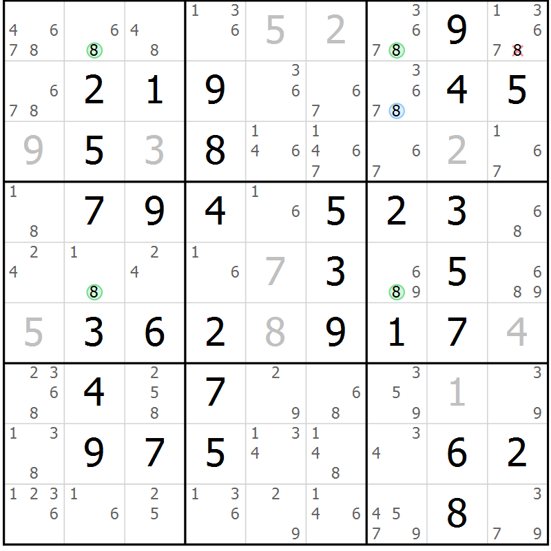 Position des candidats pour la solution de la Gr 57 page 60 du magazine de sudoku Virtuose n° 122