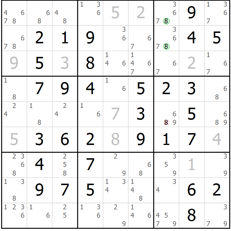 Position des candidats pour la solution de la Gr 57 page 60 du magazine de sudoku Virtuose n° 122