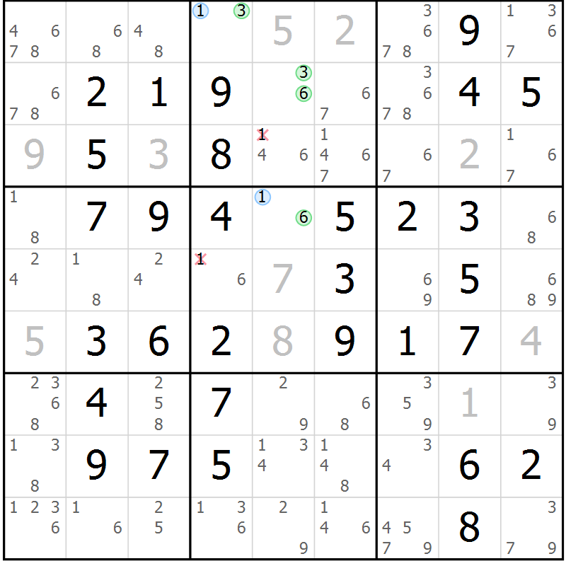 Position des candidats pour la solution de la Gr 57 page 60 du magazine de sudoku Virtuose n° 122
