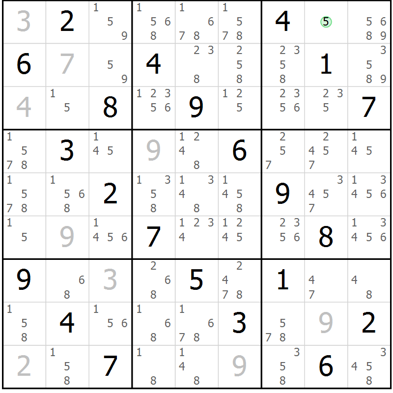 Position des candidats pour la solution de la Gr 58 page 61 du magazine de sudoku Virtuose n° 122