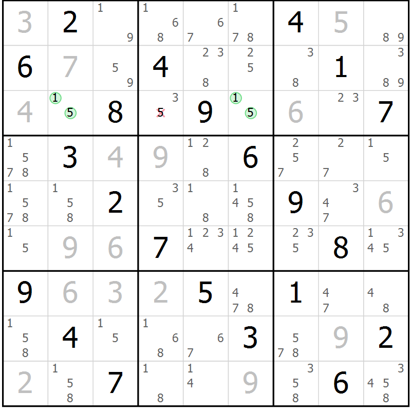 Position des candidats pour la solution de la Gr 58 page 61 du magazine de sudoku Virtuose n° 122
