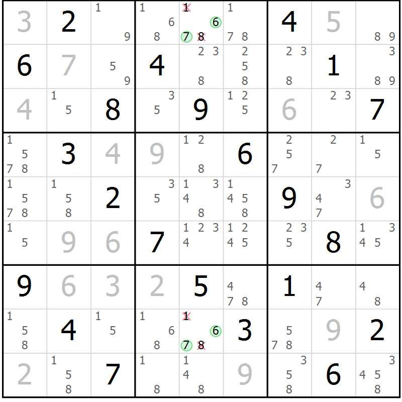 Position des candidats pour la solution de la Gr 58 page 61 du magazine de sudoku Virtuose n° 122