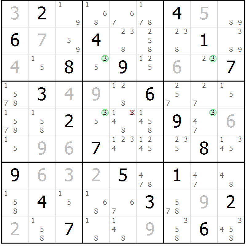 Position des candidats pour la solution de la Gr 58 page 61 du magazine de sudoku Virtuose n° 122