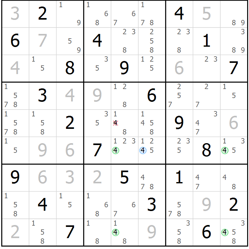 Position des candidats pour la solution de la Gr 58 page 61 du magazine de sudoku Virtuose n° 122