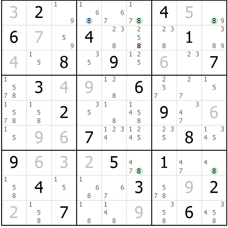 Position des candidats pour la solution de la Gr 58 page 61 du magazine de sudoku Virtuose n° 122
