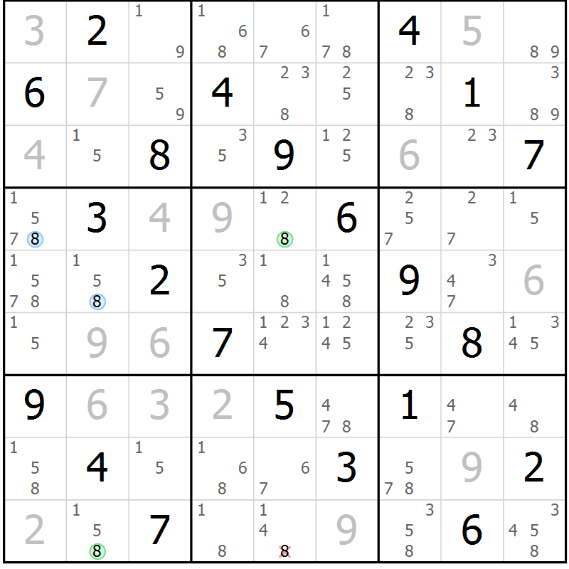 Position des candidats pour la solution de la Gr 58 page 61 du magazine de sudoku Virtuose n° 122