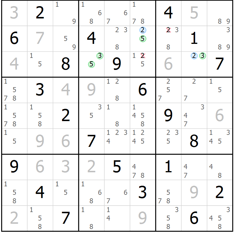 Position des candidats pour la solution de la Gr 58 page 61 du magazine de sudoku Virtuose n° 122