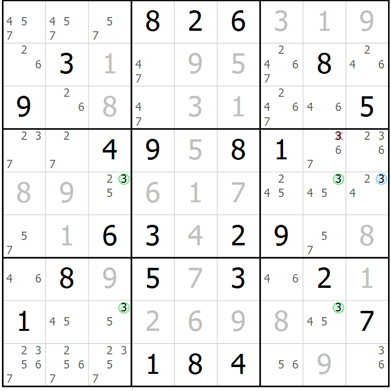 Position des candidats pour la solution de la Gr 59 page 62 du magazine de sudoku Virtuose n° 122