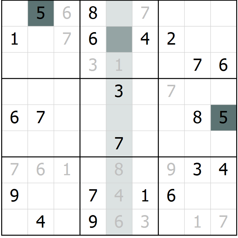 Position des candidats pour la solution de la Gr 6 page 9 du magazine de sudoku Virtuose n° 122