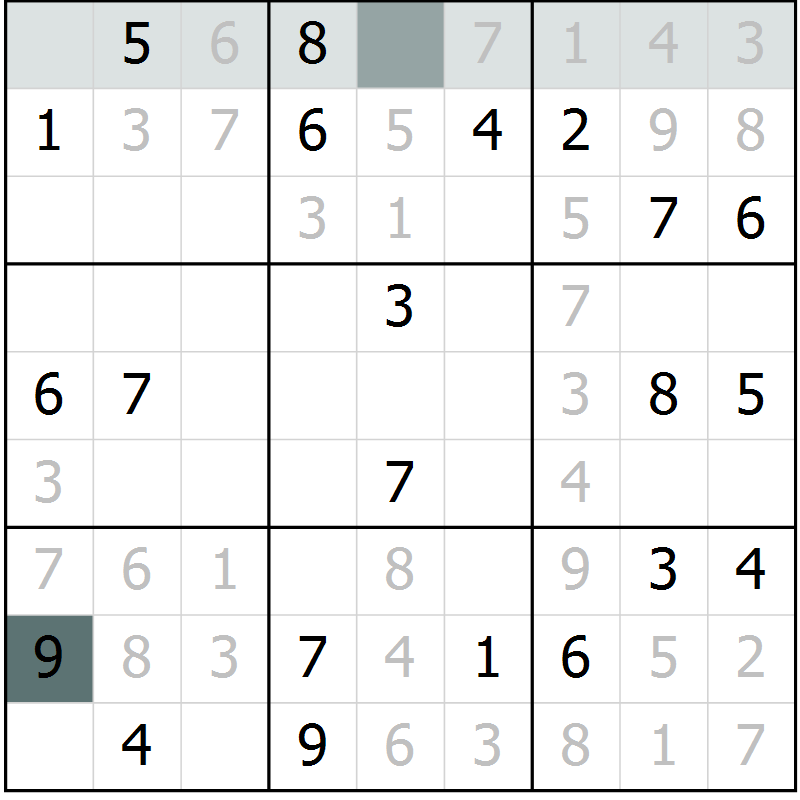 Position des candidats pour la solution de la Gr 6 page 9 du magazine de sudoku Virtuose n° 122