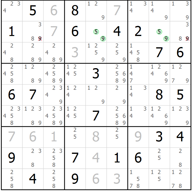 Position des candidats pour la solution de la Gr 6 page 9 du magazine de sudoku Virtuose n° 122