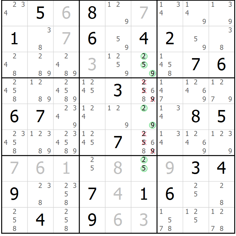 Position des candidats pour la solution de la Gr 6 page 9 du magazine de sudoku Virtuose n° 122