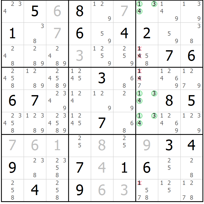 Position des candidats pour la solution de la Gr 6 page 9 du magazine de sudoku Virtuose n° 122