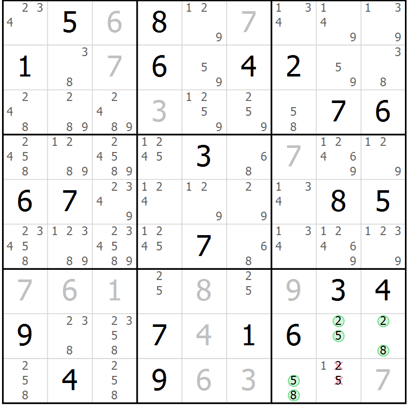 Position des candidats pour la solution de la Gr 6 page 9 du magazine de sudoku Virtuose n° 122
