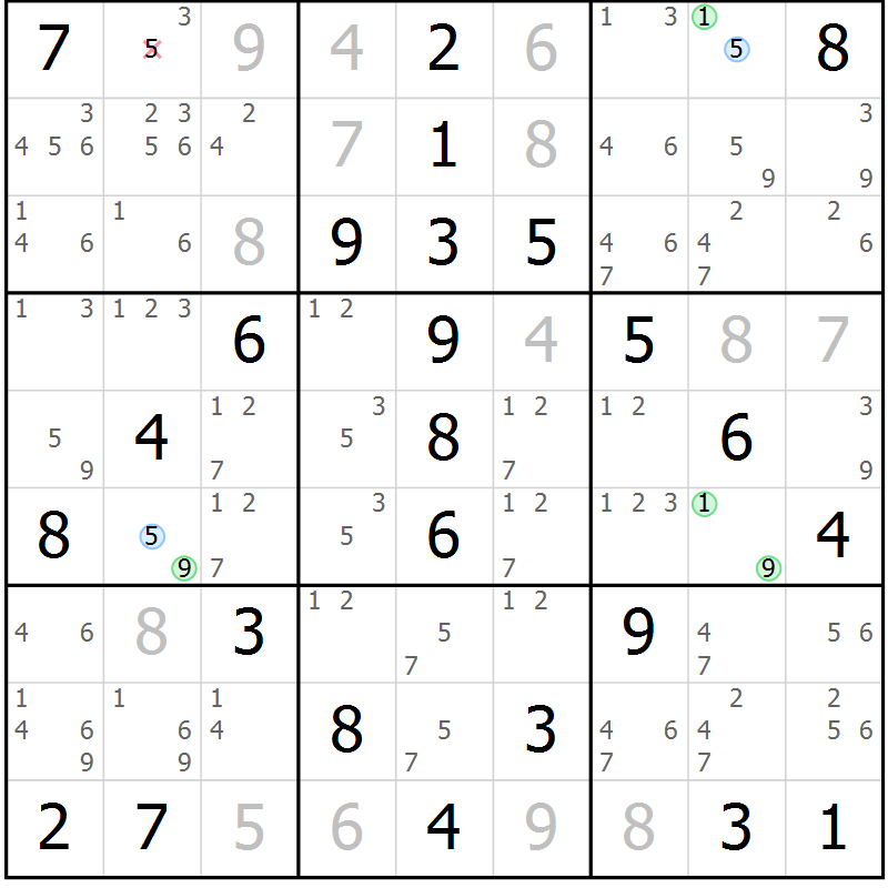 Position des candidats pour la solution de la Gr 60 page 63 du magazine de sudoku Virtuose n° 122