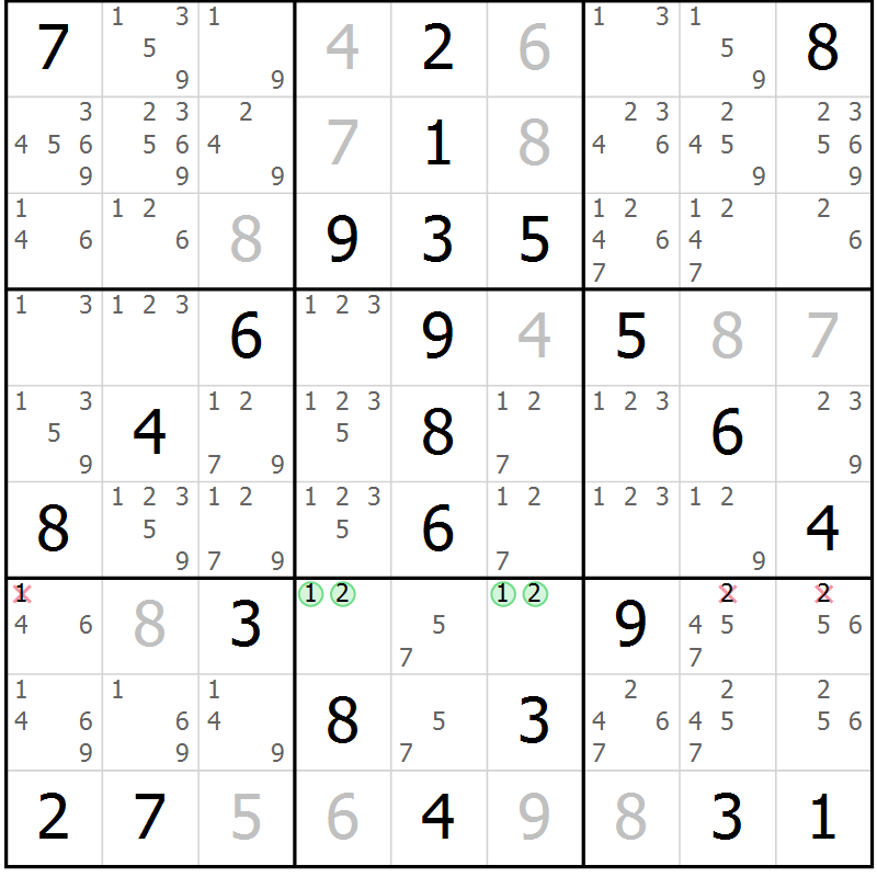 Position des candidats pour la solution de la Gr 60 page 63 du magazine de sudoku Virtuose n° 122