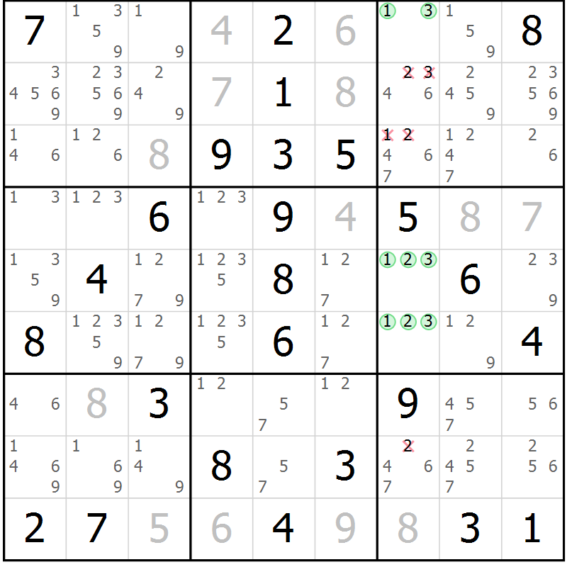 Position des candidats pour la solution de la Gr 60 page 63 du magazine de sudoku Virtuose n° 122