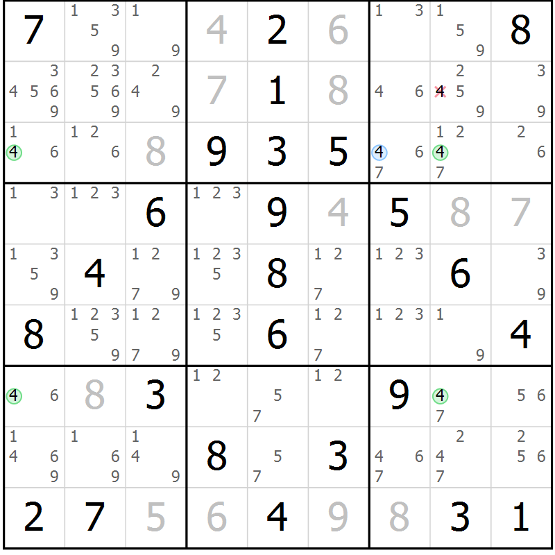 Position des candidats pour la solution de la Gr 60 page 63 du magazine de sudoku Virtuose n° 122