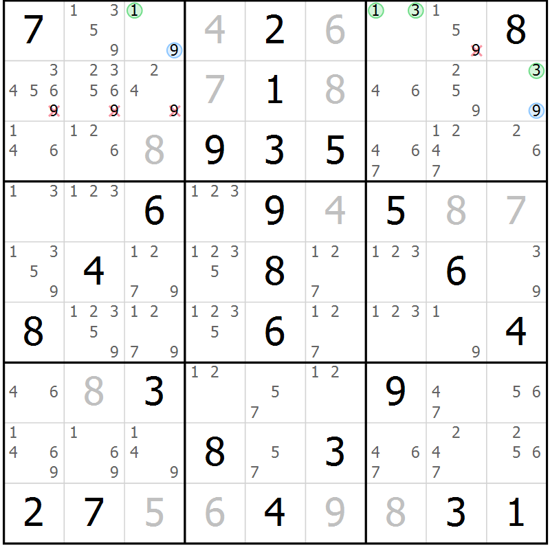 Position des candidats pour la solution de la Gr 60 page 63 du magazine de sudoku Virtuose n° 122