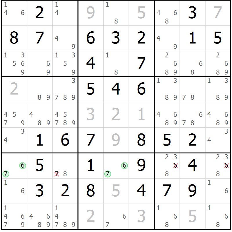 Position des candidats pour la solution de la Gr 61 page 64 du magazine de sudoku Virtuose n° 122