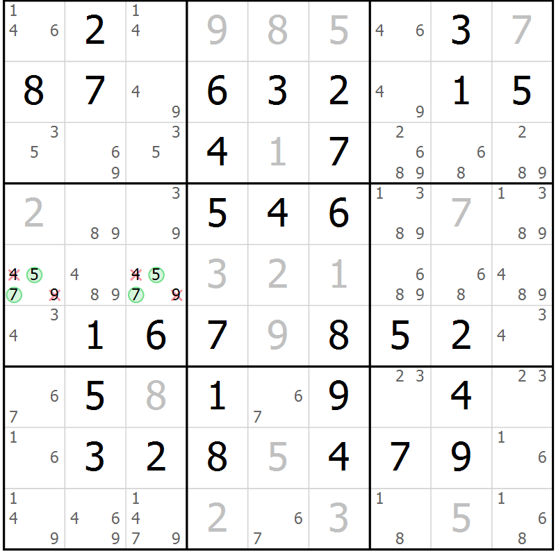 Position des candidats pour la solution de la Gr 61 page 64 du magazine de sudoku Virtuose n° 122
