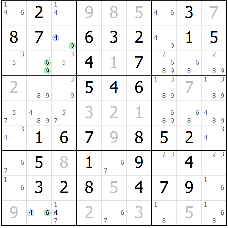 Position des candidats pour la solution de la Gr 61 page 64 du magazine de sudoku Virtuose n° 122