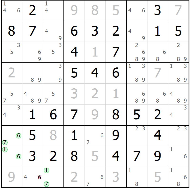 Position des candidats pour la solution de la Gr 61 page 64 du magazine de sudoku Virtuose n° 122