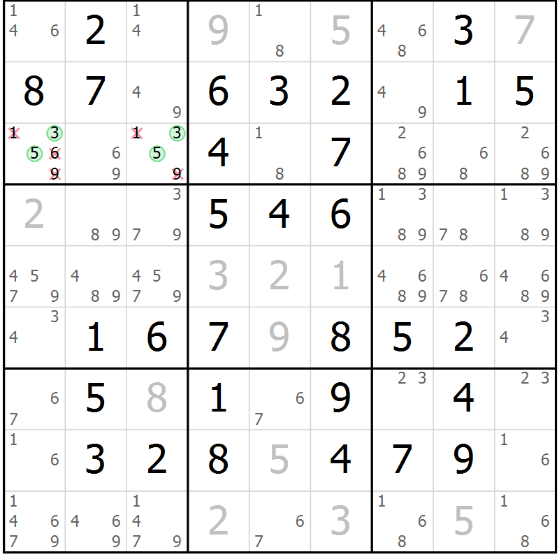 Position des candidats pour la solution de la Gr 61 page 64 du magazine de sudoku Virtuose n° 122