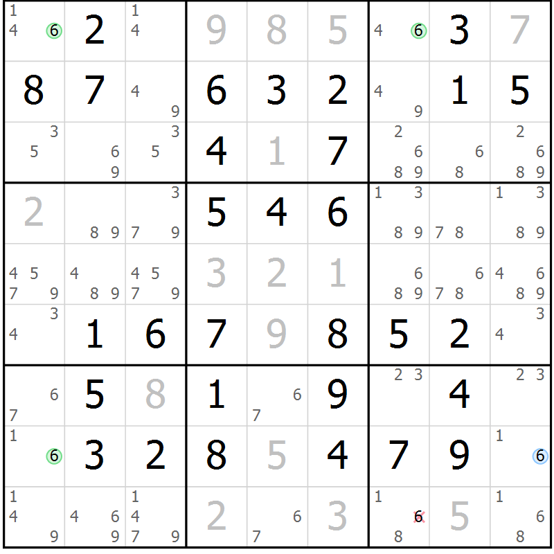 Position des candidats pour la solution de la Gr 61 page 64 du magazine de sudoku Virtuose n° 122