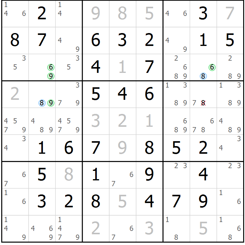 Position des candidats pour la solution de la Gr 61 page 64 du magazine de sudoku Virtuose n° 122
