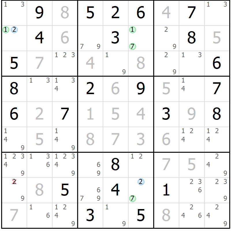Position des candidats pour la solution de la Gr 62 page 65 du magazine de sudoku Virtuose n° 122