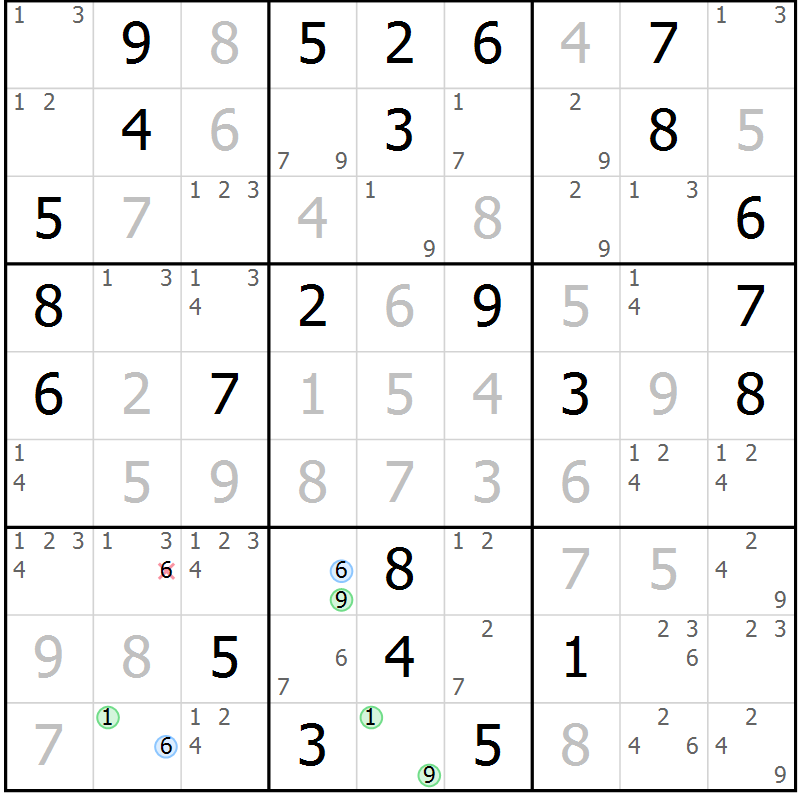 Position des candidats pour la solution de la Gr 62 page 65 du magazine de sudoku Virtuose n° 122