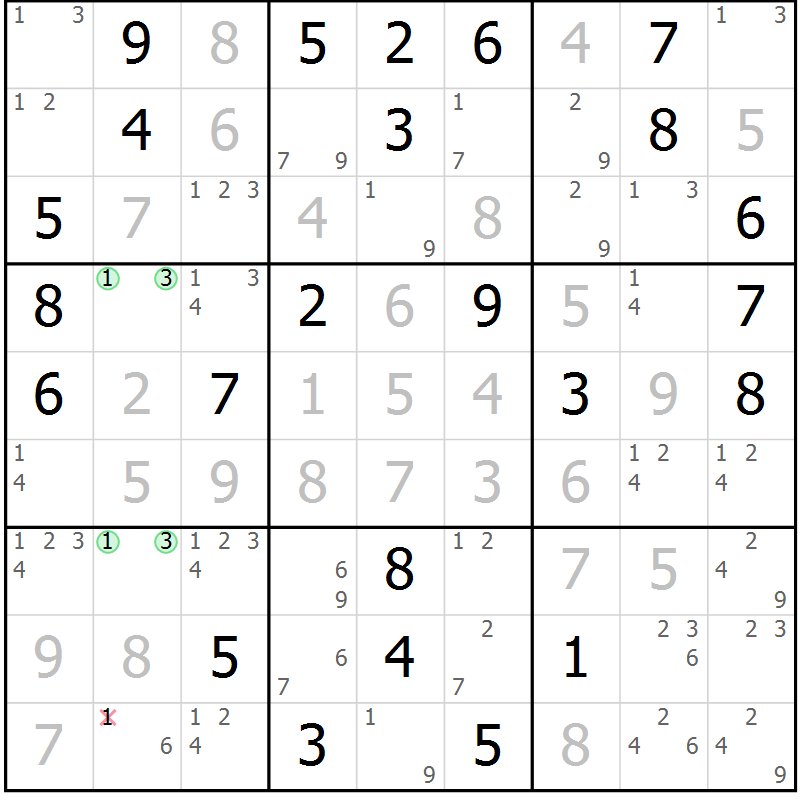 Position des candidats pour la solution de la Gr 62 page 65 du magazine de sudoku Virtuose n° 122