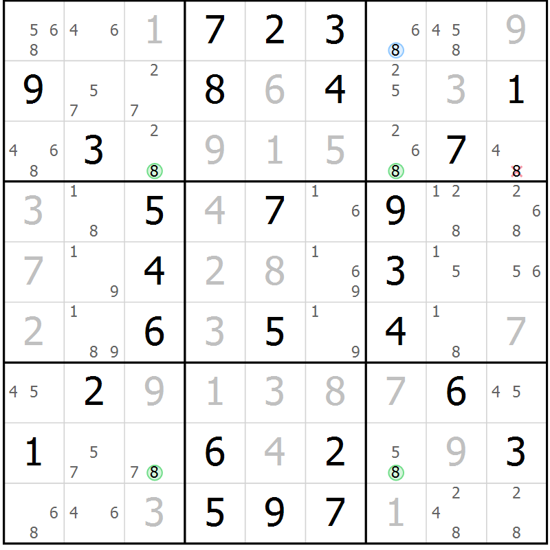 Position des candidats pour la solution de la Gr 63 page 66 du magazine de sudoku Virtuose n° 122