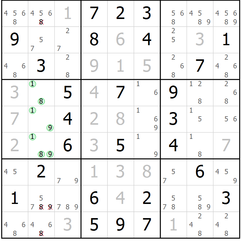 Position des candidats pour la solution de la Gr 63 page 66 du magazine de sudoku Virtuose n° 122