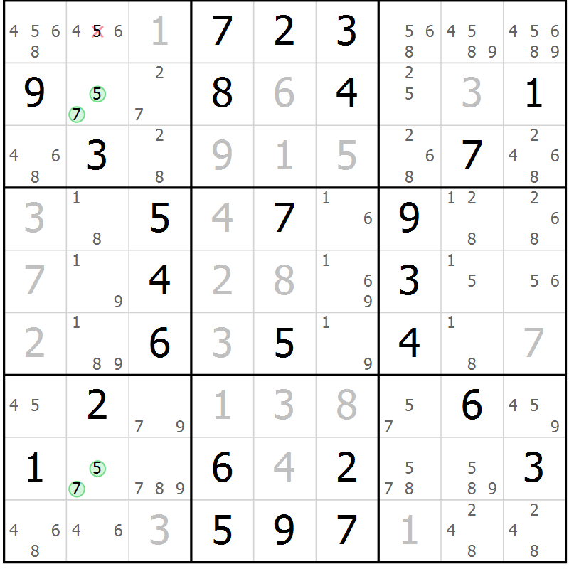 Position des candidats pour la solution de la Gr 63 page 66 du magazine de sudoku Virtuose n° 122