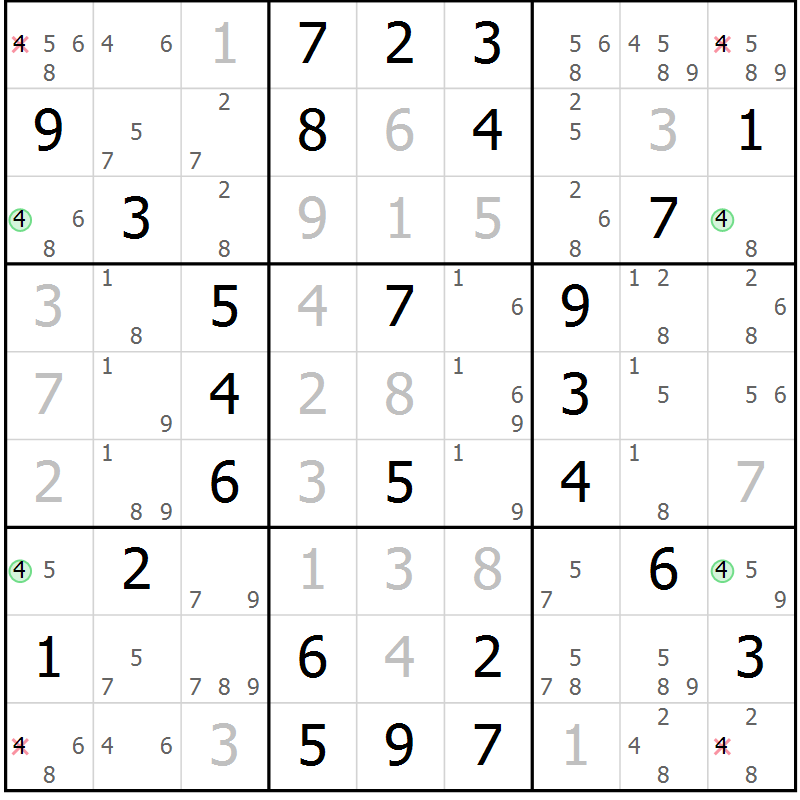 Position des candidats pour la solution de la Gr 63 page 66 du magazine de sudoku Virtuose n° 122