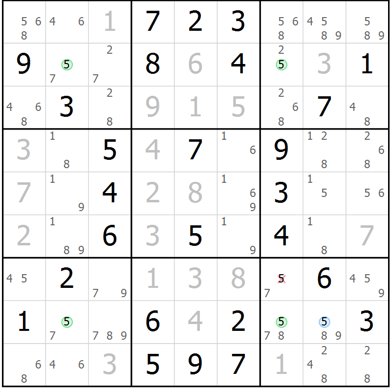 Position des candidats pour la solution de la Gr 63 page 66 du magazine de sudoku Virtuose n° 122