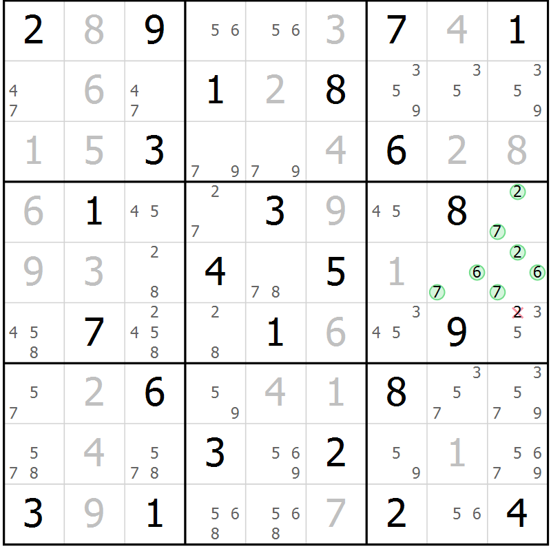Position des candidats pour la solution de la Gr 67 page 70 du magazine de sudoku Virtuose n° 122