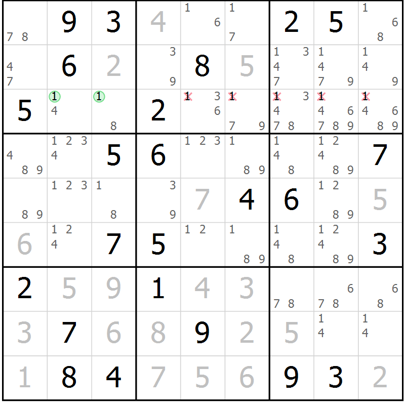 Position des candidats pour la solution de la Gr 69 page 72 du magazine de sudoku Virtuose n° 122