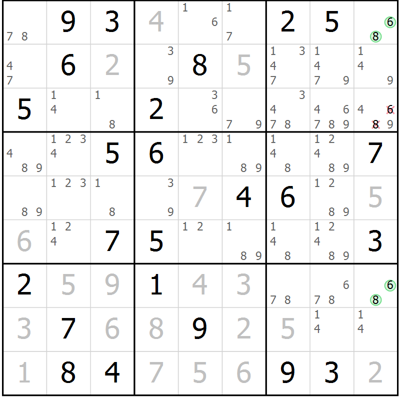 Position des candidats pour la solution de la Gr 69 page 72 du magazine de sudoku Virtuose n° 122