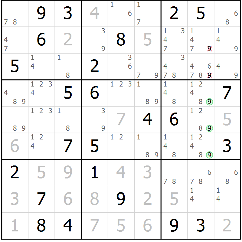 Position des candidats pour la solution de la Gr 69 page 72 du magazine de sudoku Virtuose n° 122