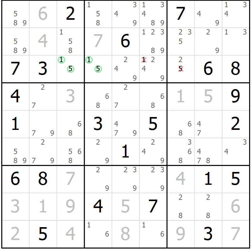 Position des candidats pour la solution de la Gr 7 page 10 du magazine de sudoku Virtuose n° 122