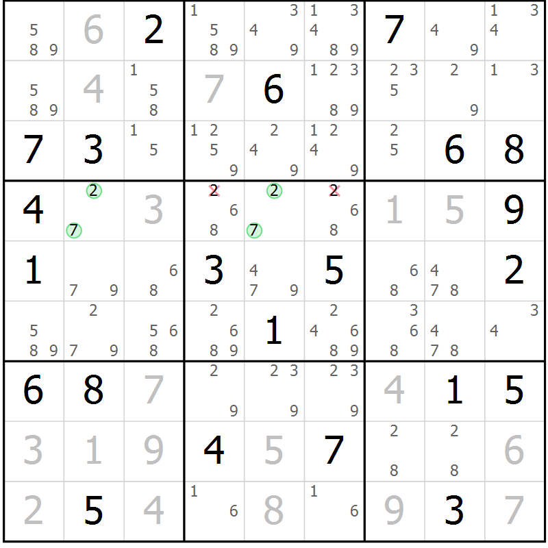 Position des candidats pour la solution de la Gr 7 page 10 du magazine de sudoku Virtuose n° 122