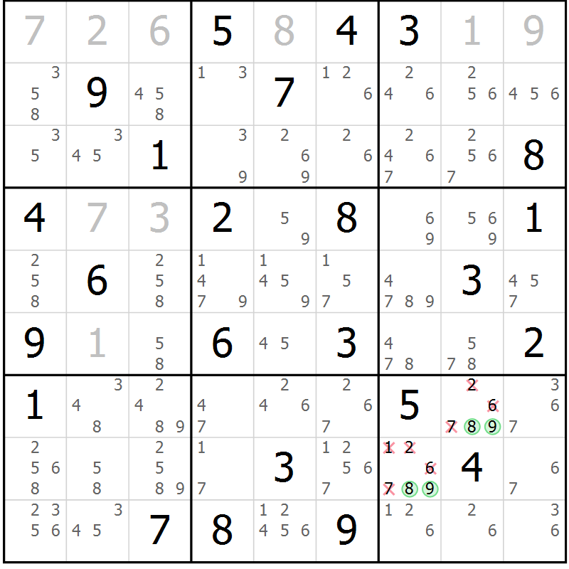 Position des candidats pour la solution de la Gr 70 page 73 du magazine de sudoku Virtuose n° 122